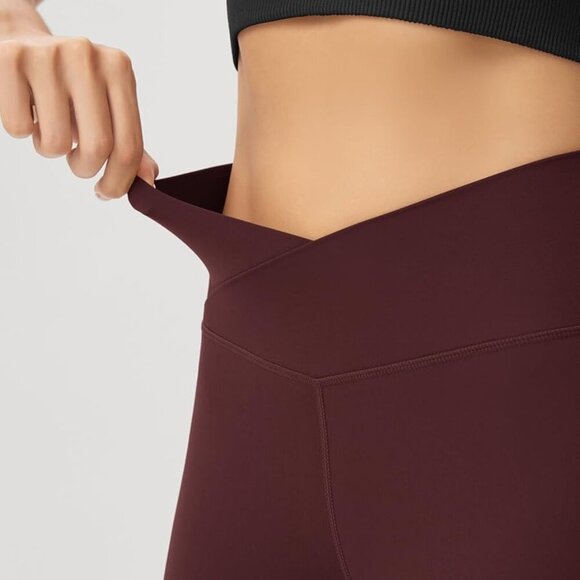 Women's Burgundy Cloud Feeling Crossover Flared Yoga Pants with Back Pocket, Hig - Picture 4 of 7